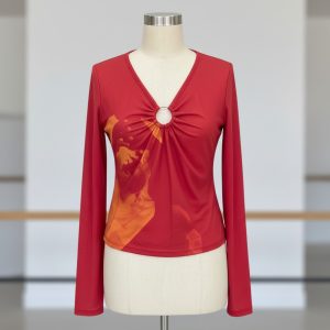 Red Long-Sleeve Top with Ring Detail