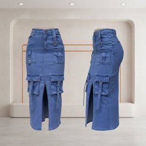 Long Denim Cargo Skirt with Front Slit