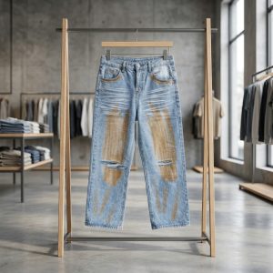 Light Wash Distressed Rust Painted Wide-Leg Jeans