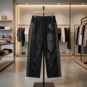 Black Wide Jean with Graphic Art and Side Stripes