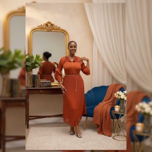 Rust Elegance Sheer-Sleeve Silhouette