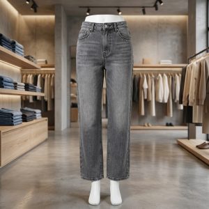 Faded Grey Stud-Trim Straight Leg Jeans
