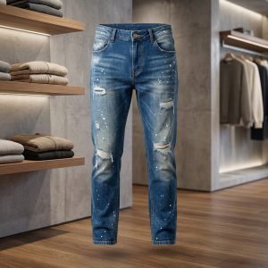 Medium Wash Distressed Paint Splatter Slim Jeans
