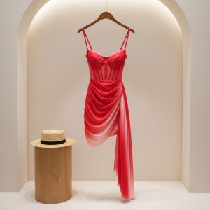 Red Ombré Corset Draped Dress