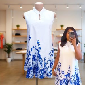 White & Blue Floral Mock Neck Shift Dress