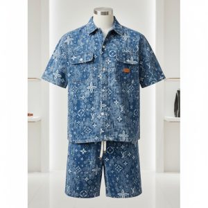 Vintage Denim-Look Monogram Resort Wear Co-Ord
