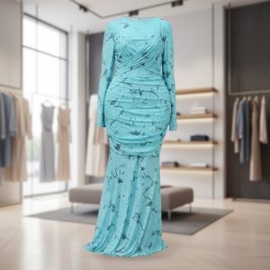 Turquoise Abstract-Print Cross-Draped Evening Gown
