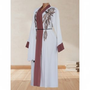 White & Mauve Embroidered Abaya / Kimono