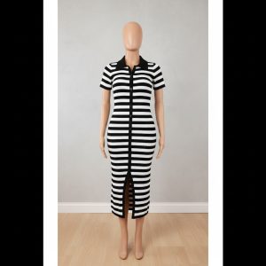 Black & White Striped Polo Midi Dress