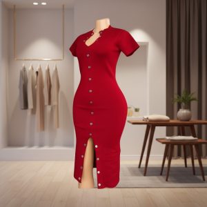 Crimson Red Button-Front Ribbed Dress