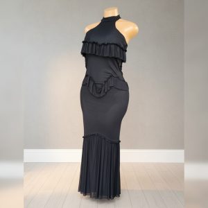 . Black Tiered Ruffle Halter Gown