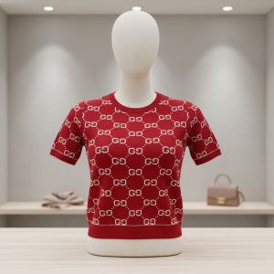 Red Monogram Short-Sleeve Knit Top
