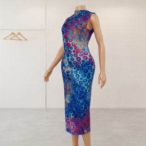 . Blue Polka-Dot Ring Print Midi Dress