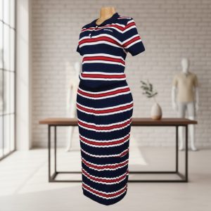 . Navy & Crimson Striped Knit Polo Dress